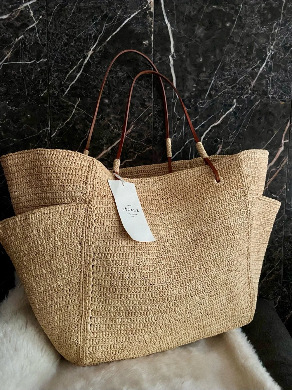 Sézane Natural Woven Straw Tote with Brown Leather Handles